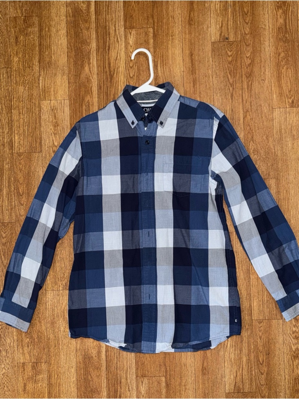 Chaps Men's Navy and Light Blue Plaid Button-Down Shirt